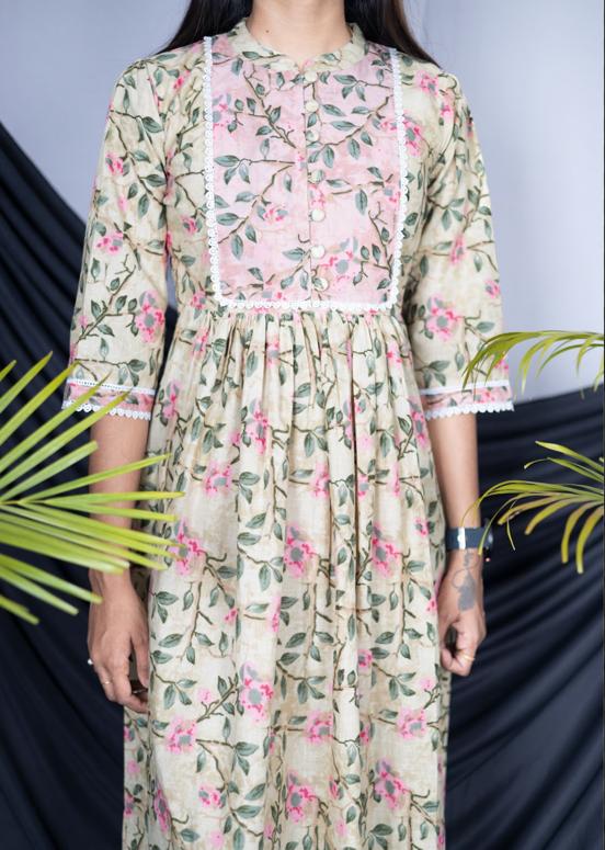 Ankle Length Green Floral design Cotton Maxi Dress