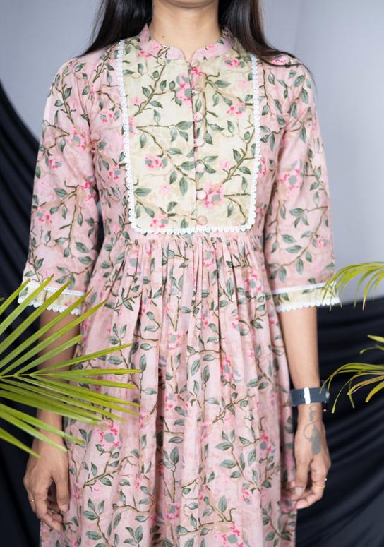 Ankle Length Pink Floral Design Cotton Maxi Dress