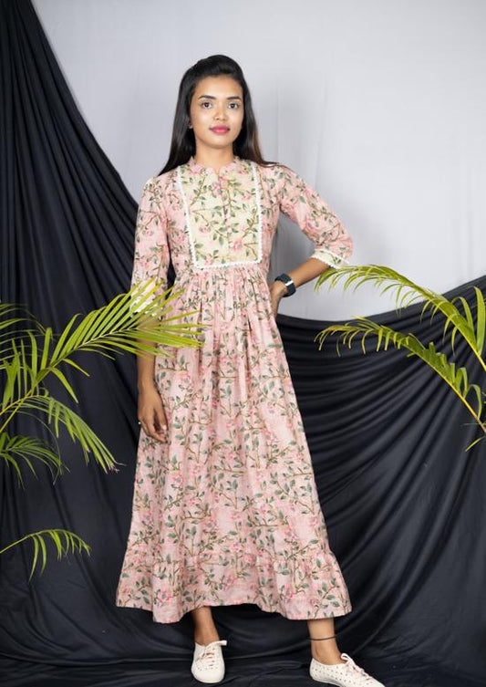 Ankle Length Pink Floral Design Cotton Maxi Dress