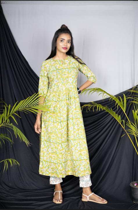 Green Leaf Printed Top with flowery white printed pant with pocket