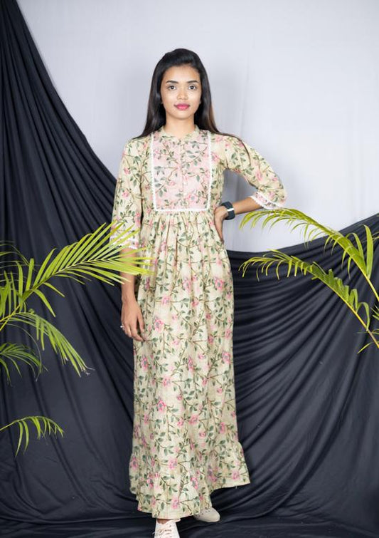 Ankle Length Green Floral design Cotton Maxi Dress