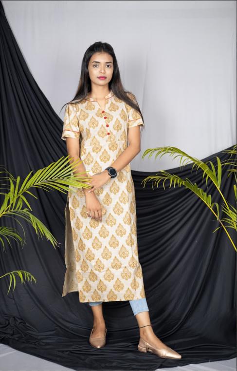 Half White with mustard Printed Kurti